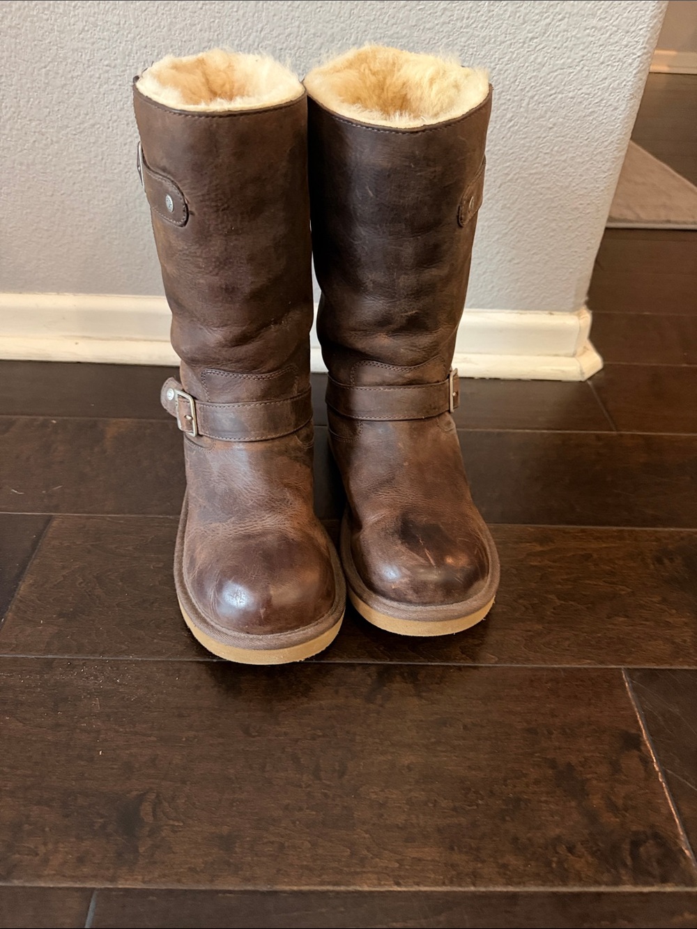 UGG Brown Leather Shearling-Lined Mid-Calf Boots
